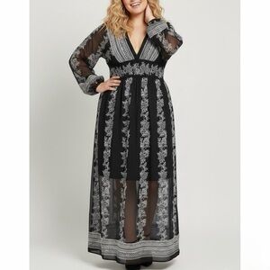 VENUS Plus Black White Floral Chiffon Sheer Plunge Smocked Waist Maxi Dress 24